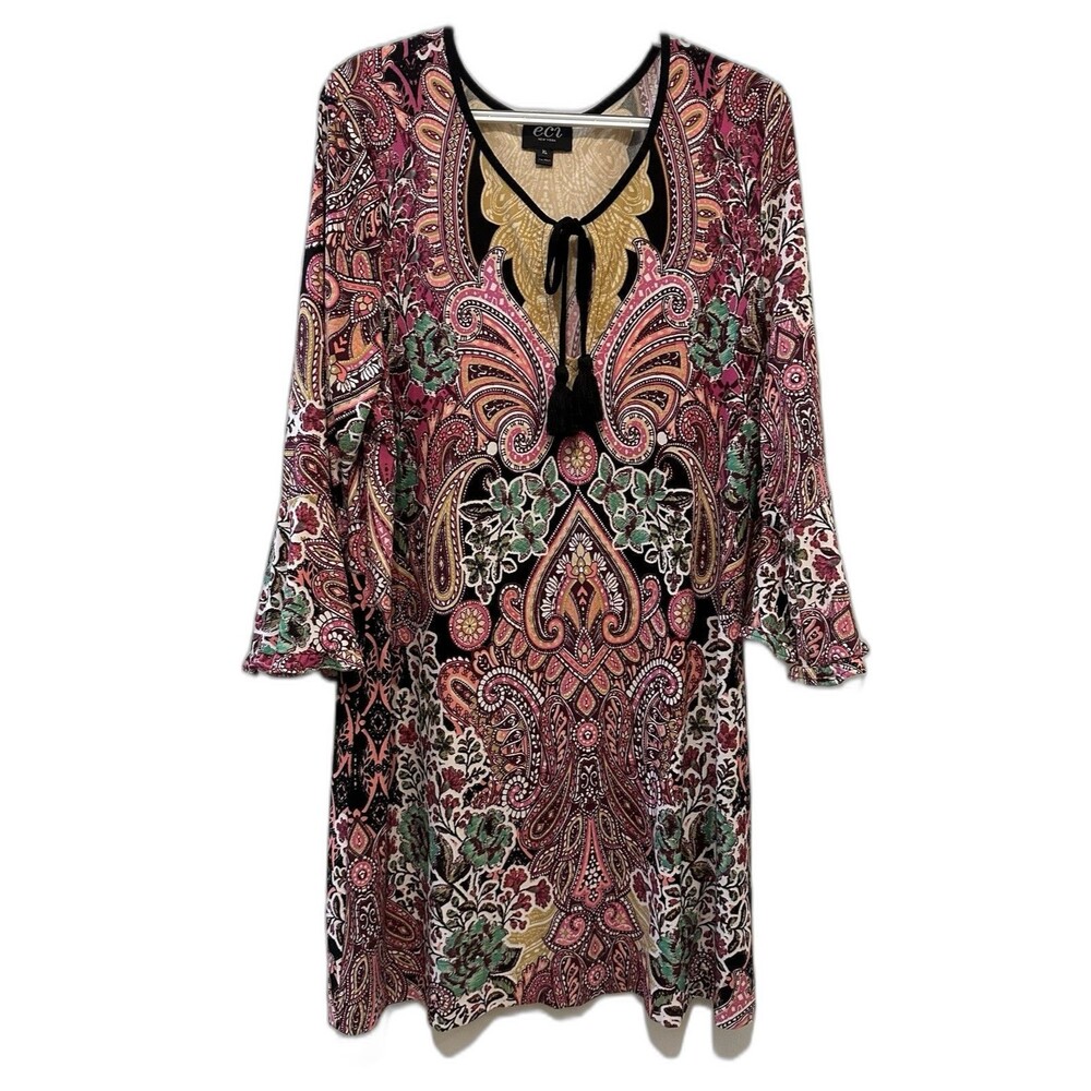 ECI New York Boho Paisley Dress Womens XL Bell Sleeve Tassel Tie